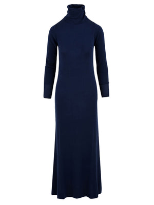 Long women's dress with blue turtleneck