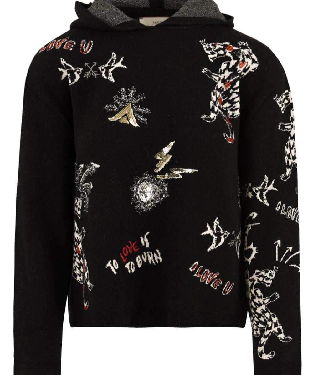 Maglia con cappuccio e ricami AKEP Donna - Nero