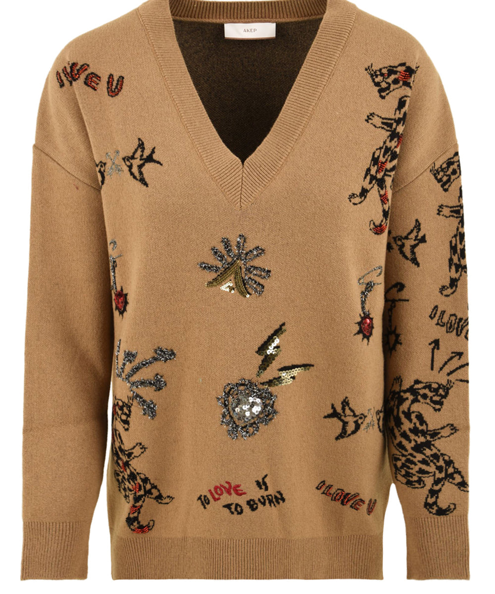 Maglia scollo "V" e ricami AKEP Donna - Marrone