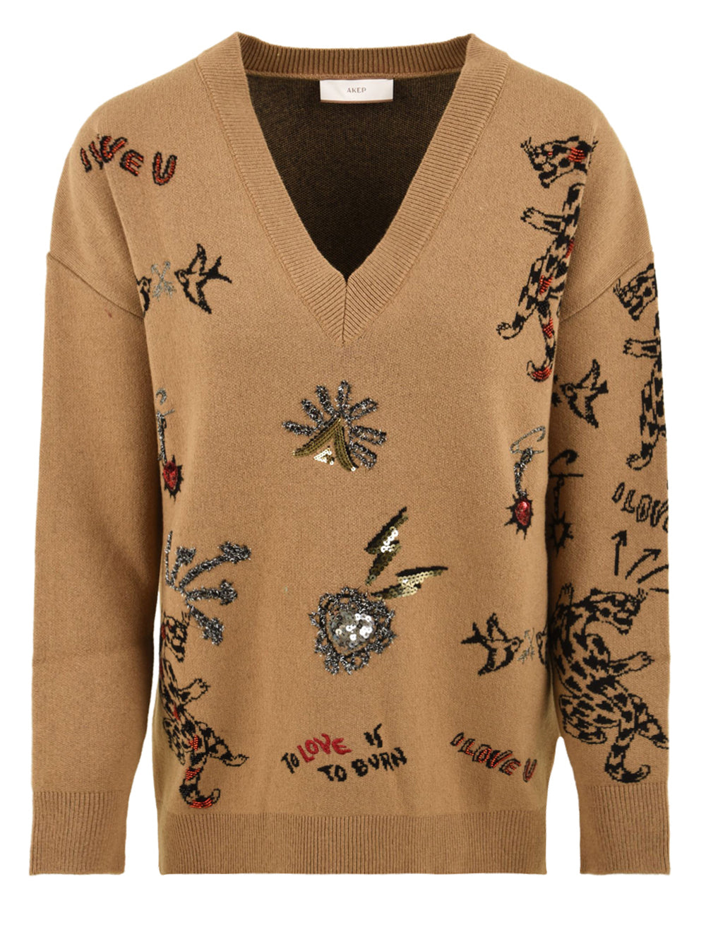 Maglia scollo "V" e ricami AKEP Donna - Marrone