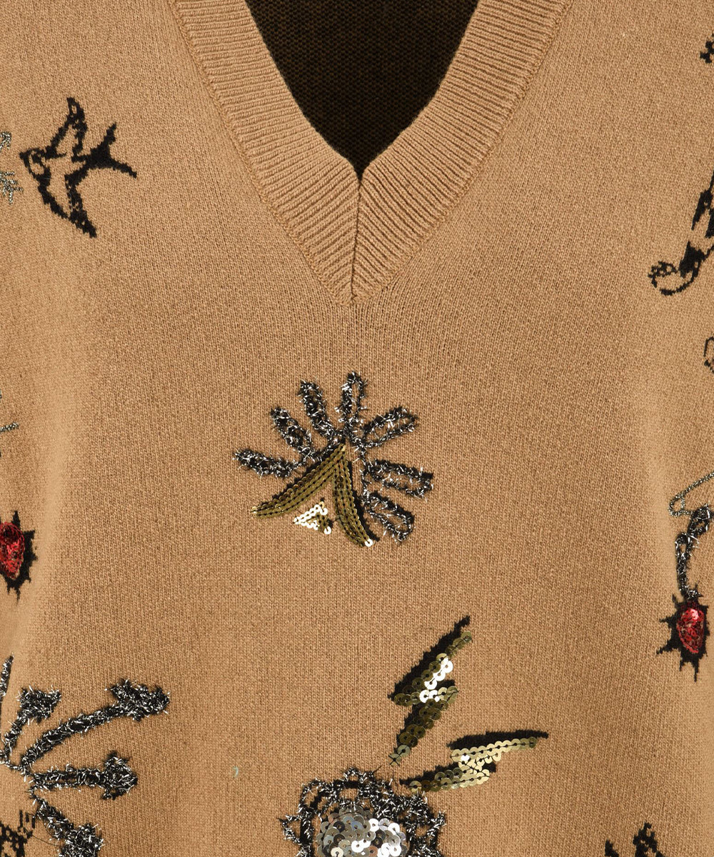 Maglia scollo "V" e ricami AKEP Donna - Marrone