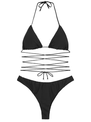Bikini femme noir tressé à la taille