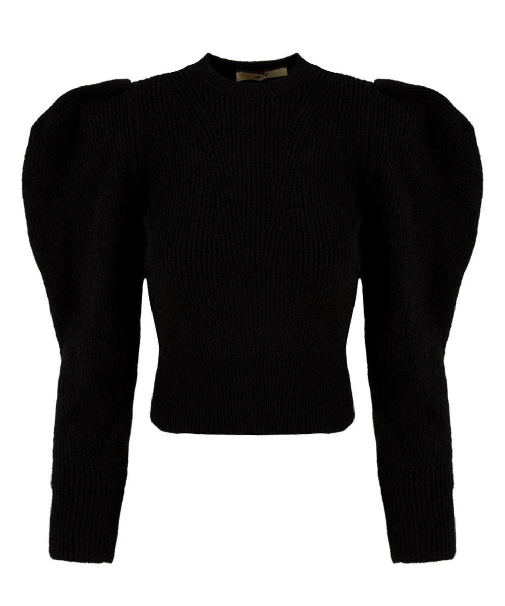 Immagine frontale del maglione cropped in nero da donna Akep. Con manica a sbuffo e girocollo.
