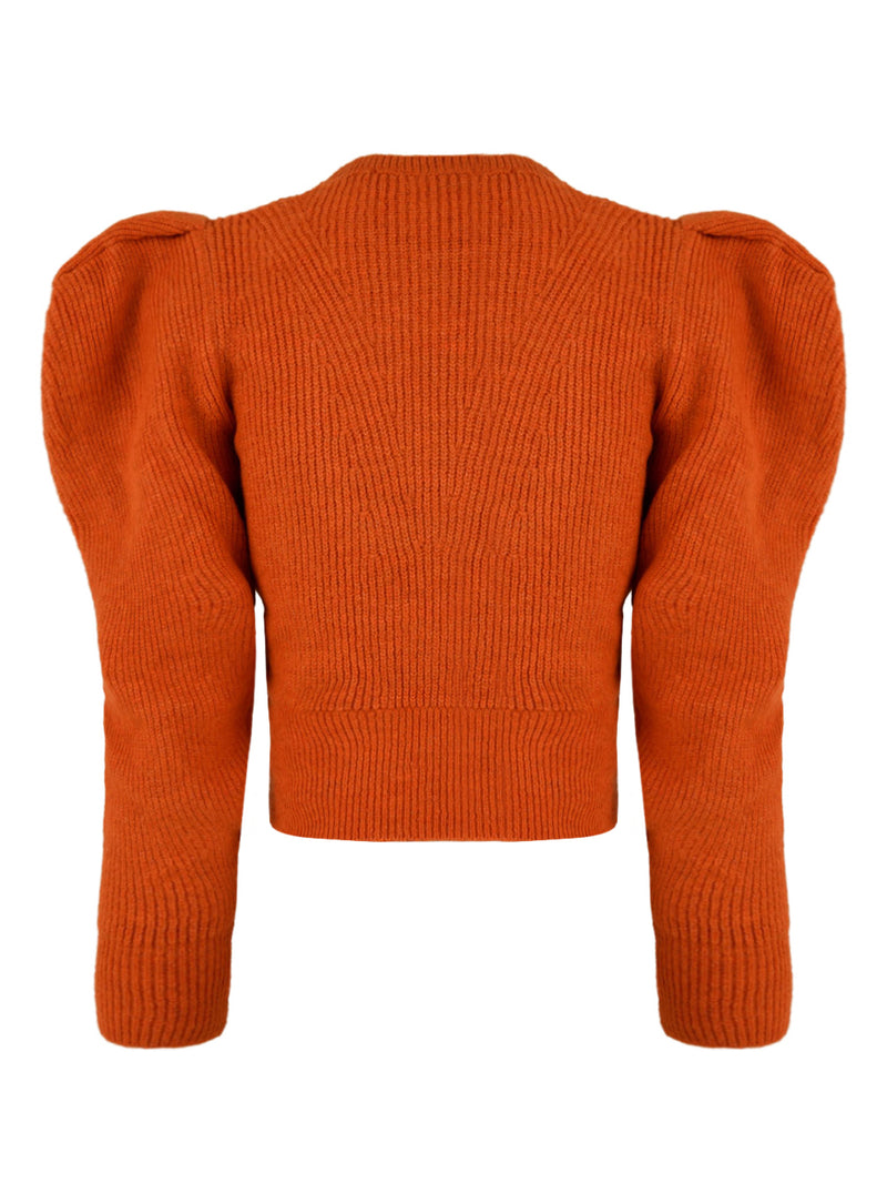 Immagine retro del maglione cropped in arancione da donna Akep. Con manica a sbuffo e girocollo.