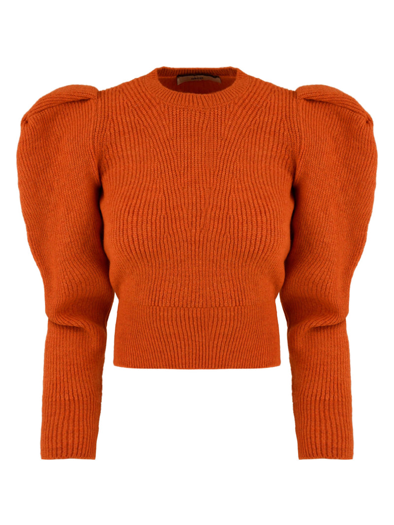 Immagine frontale del maglione cropped in arancione da donna Akep. Con manica a sbuffo e girocollo.