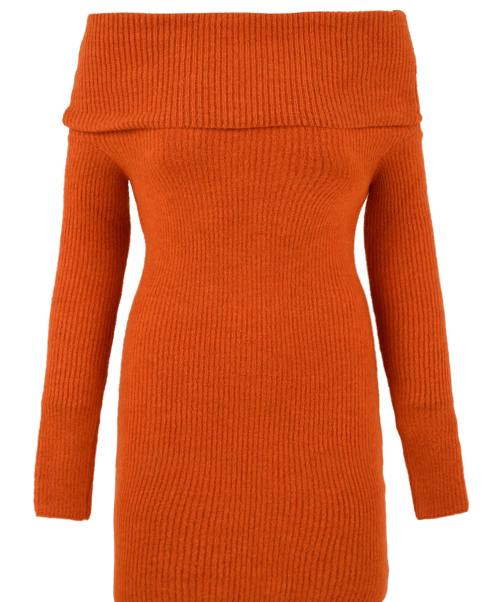 Immagine frontale dell'abito Akep arancione corto in maglia da donna, con scollo shiffer e manica corta.