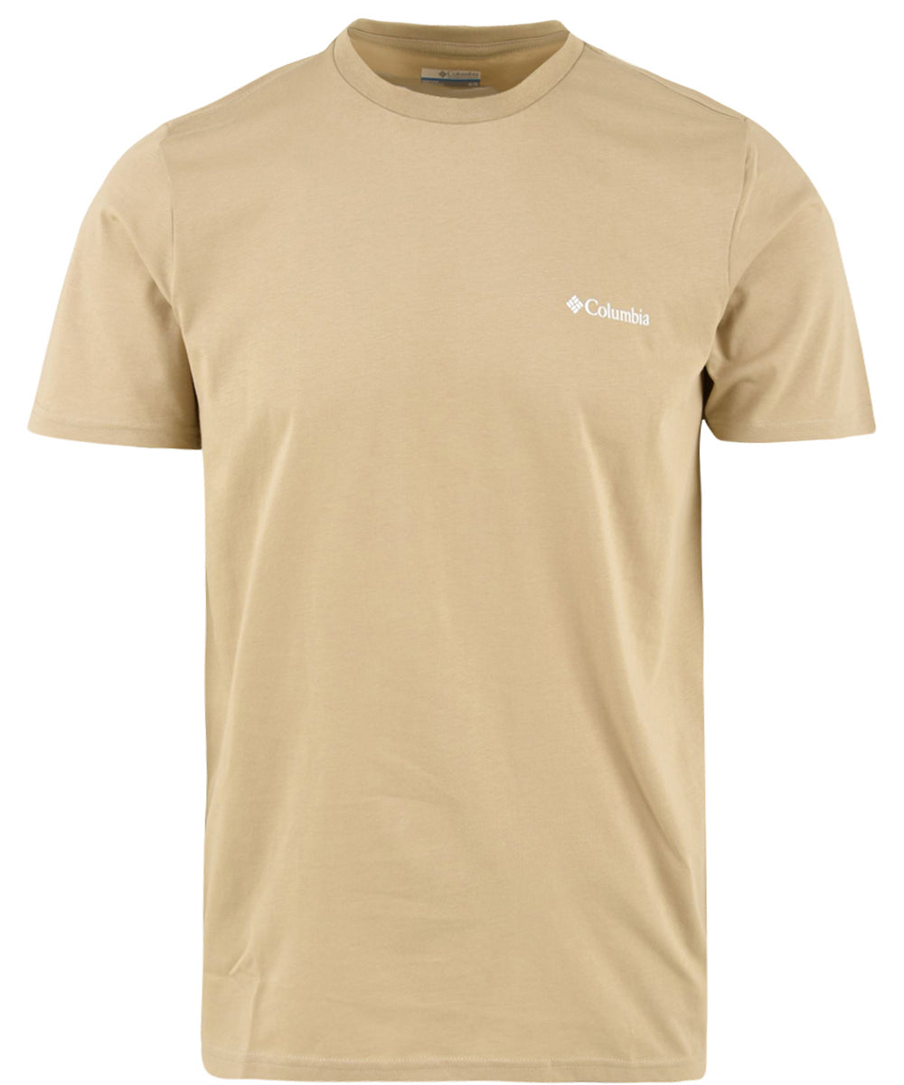 Immagine frontale della T-shirt da uomo in beige firmata columbia a girocollo,con manica corta e logo sul petto in bianco.