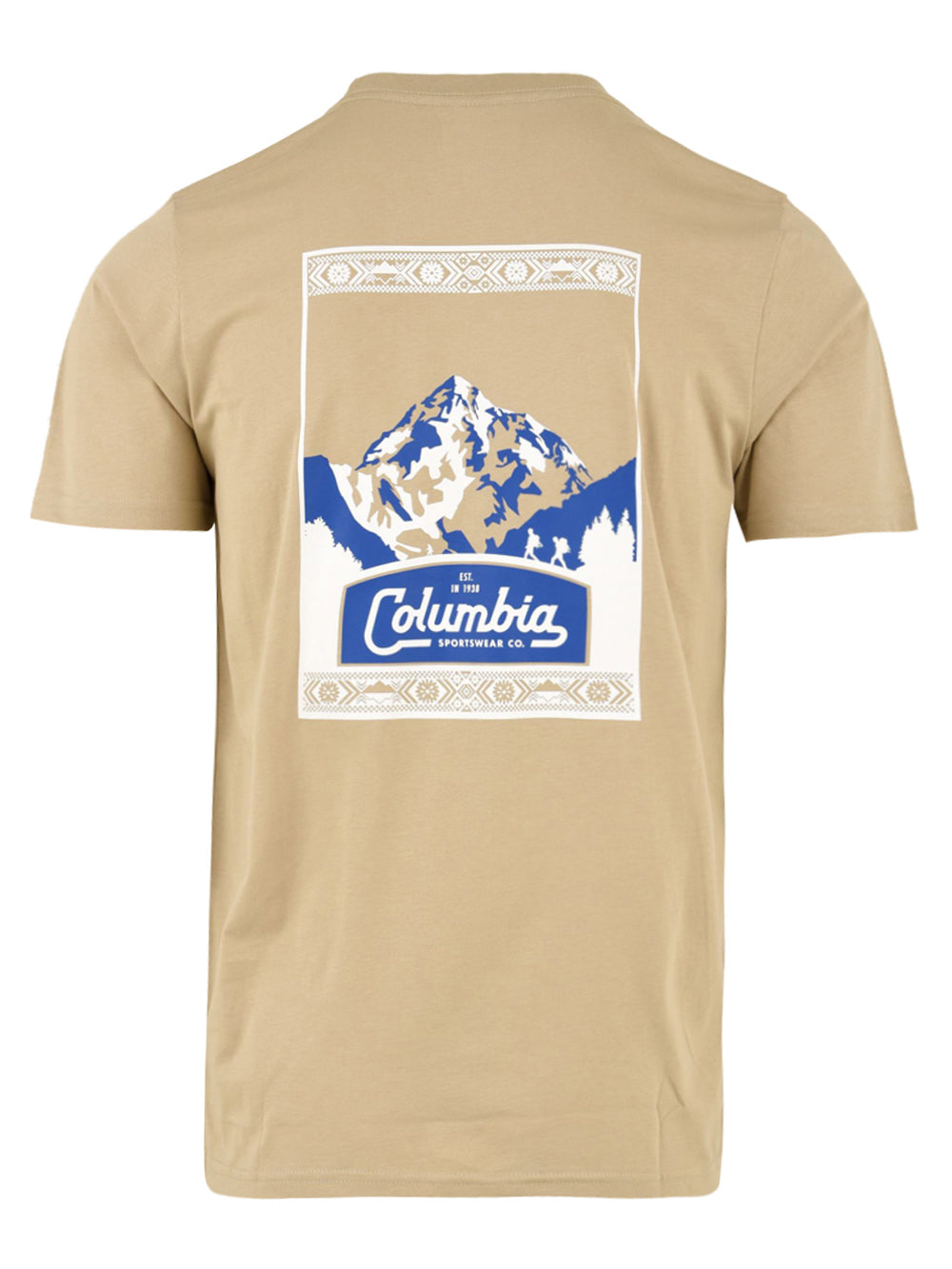 Immagine retro della T-shirt da uomo Columbia con stampa in beige e azzurro raffigurate una montagna.
