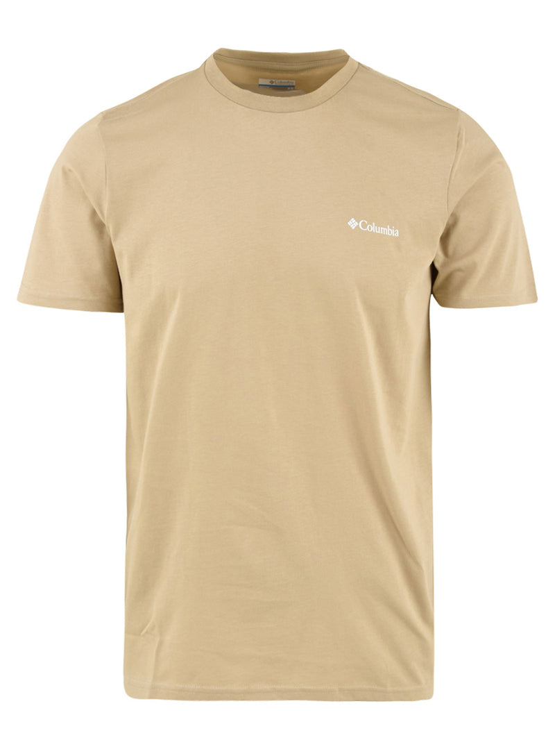 Immagine frontale della T-shirt da uomo in beige firmata columbia a girocollo,con manica corta e logo sul petto in bianco.