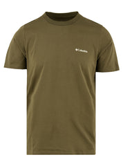 Immagine frontale della T-shirt da uomo in verde firmata columbia a girocollo,con manica corta e logo sul petto in bianco.