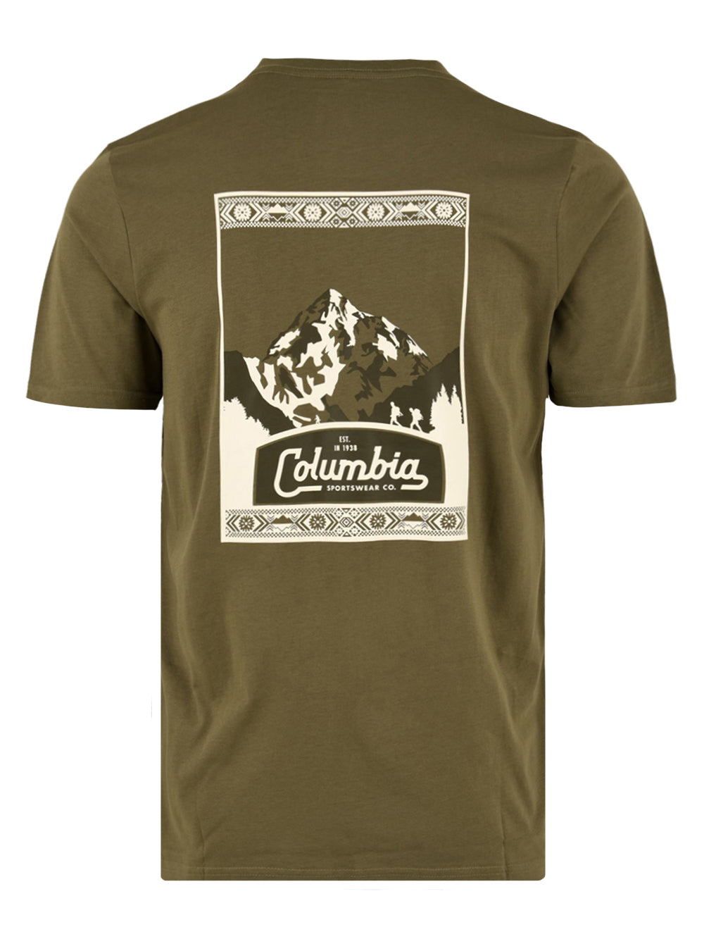 Immagine retro della T-shirt da uomo Columbia con stampa in verde e bianco raffigurate una montagna.