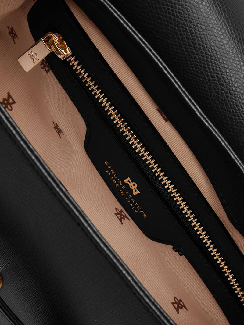 Dettaglio dell'interno della borsa nera con taschino con zip.