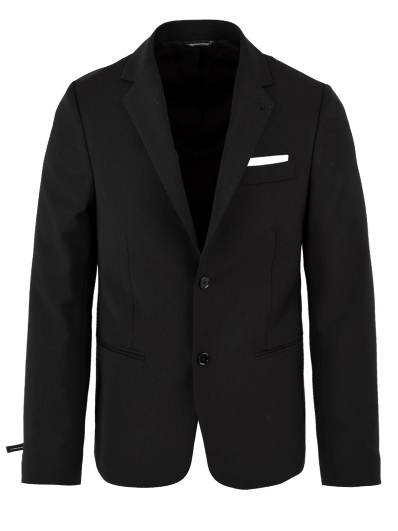 Immagine frontale della giacca da uomo in nero firmata Daniele Alessandrini modello monopetto. Presenta chiusura frontale con bottoni, due tasche e un taschino frontali con manica lunga.