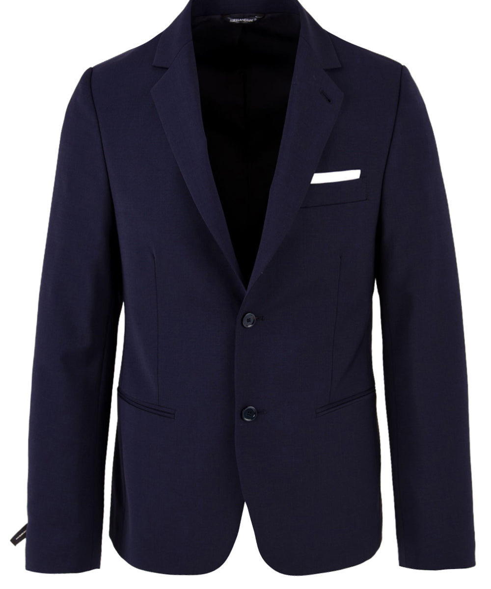 Immagine frontale della giacca da uomo in blu firmata Daniele Alessandrini modello monopetto. Presenta chiusura frontale con bottoni, due tasche e un taschino frontali con manica lunga.