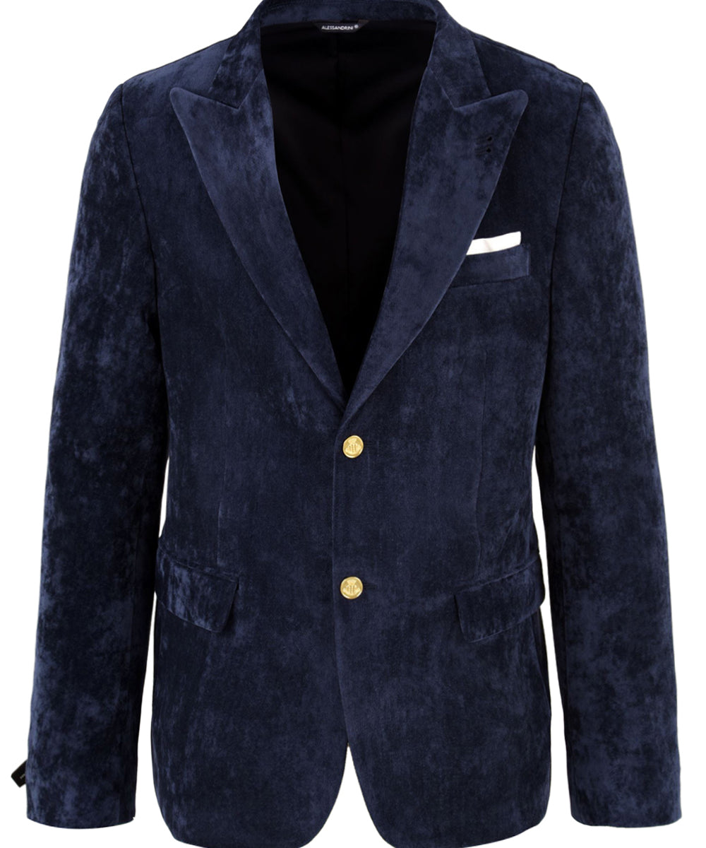 Immagine frontale della giacca da uomo in velluto blu firmata Daniele Alessandrini modello monopetto. Presenta chiusura frontale con bottoni in oro , due tasche e un taschino frontali con manica lunga.