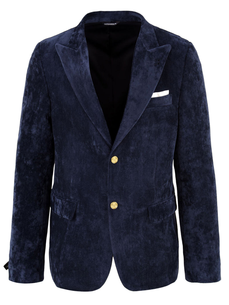 Immagine frontale della giacca da uomo in velluto blu firmata Daniele Alessandrini modello monopetto. Presenta chiusura frontale con bottoni in oro , due tasche e un taschino frontali con manica lunga.