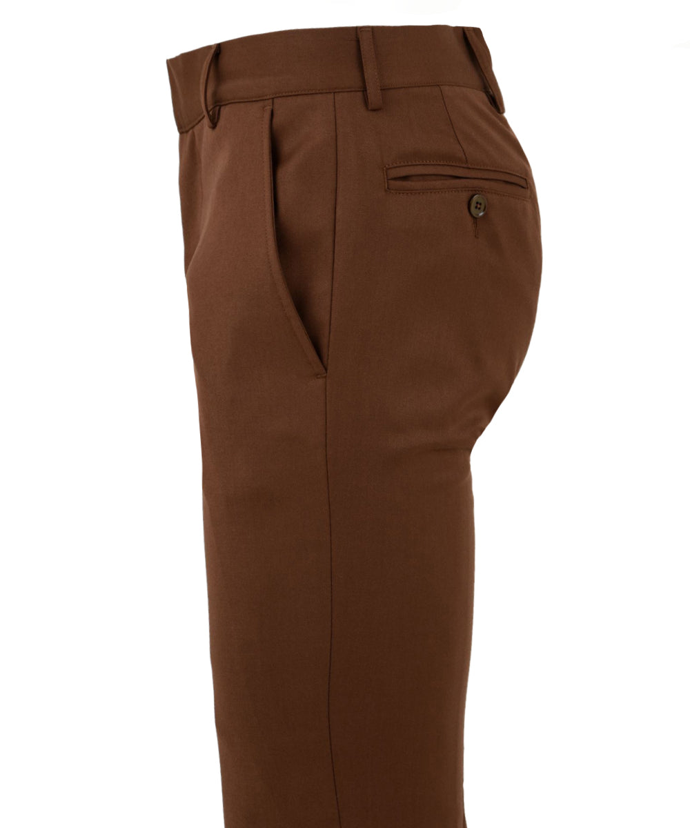 Immagine laterale del pantalone in marrone da uomo firmato Daniele Alessandrini con tasche laterali a filo,tasche retro a filo e bottone e passanti per la cintura