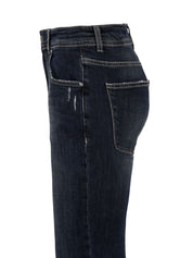 Immagine laterale del jeans lavaggio scuro da uomo firmato Daniele Alessandrini con tasca e passanti per cintura.
