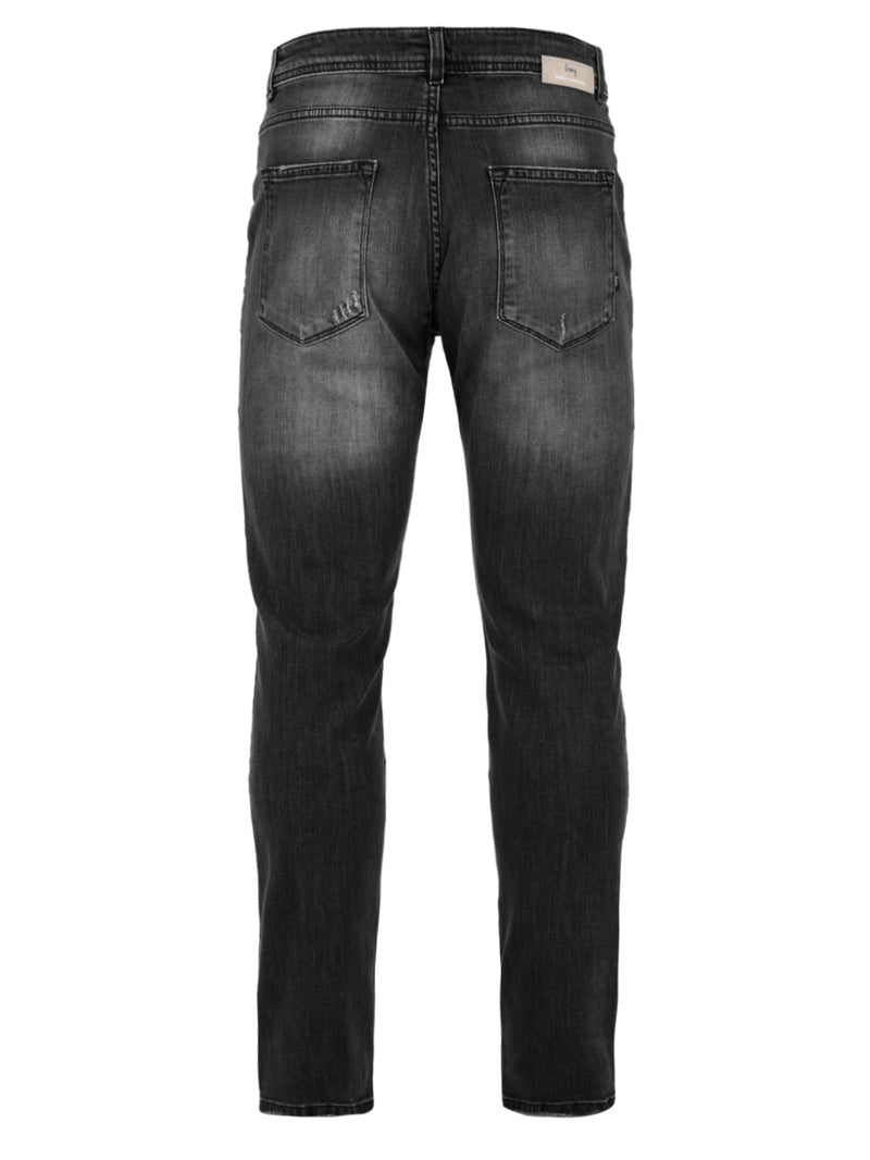 Immagine retro del jeans grigio scuro con una leggera scoloritura da uomo firmato Daniele Alessandrini con tasche posteriori,fascetta in vita con passanti e piccola salpa posteriore logata.