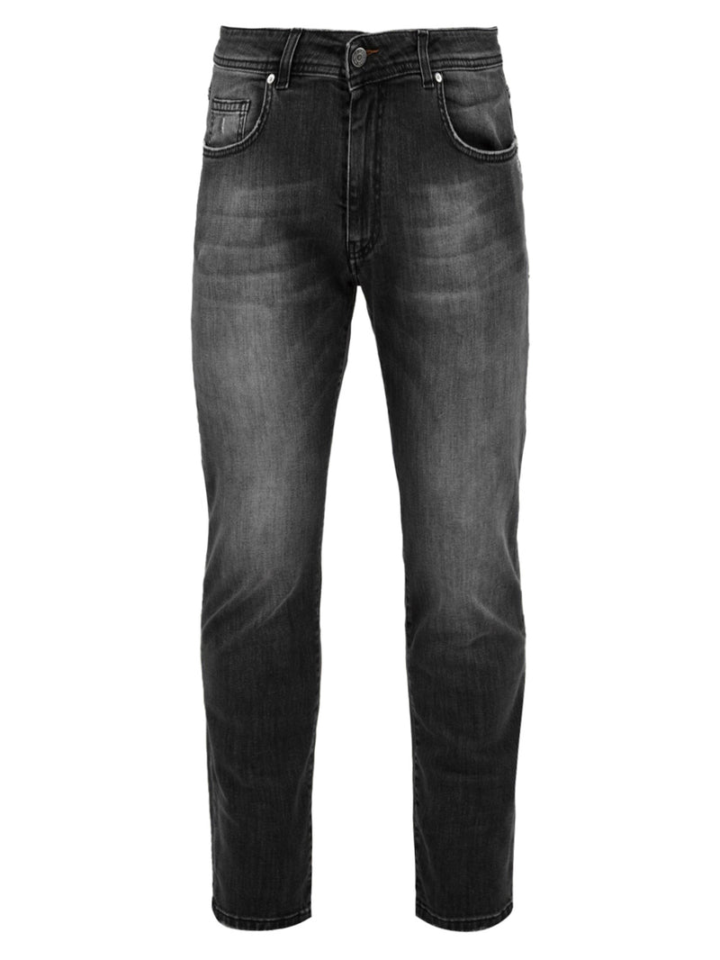 Immagine frontale del jeans grigio scuro con una leggera scoloritura  da uomo firmato Daniele Alessandrini,con chiusura frontale con bottone logato in metallo a vista e zip nascosta, fascetta in vita con passanti e tasche frontali.
