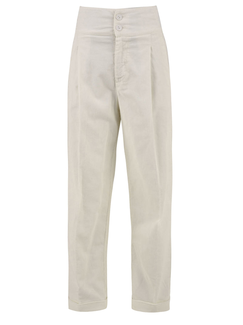 Immagine frontale del pantalone in velluto a costine in bianco firmato European Culture,con risvoltino sulle caviglie e doppio bottone.