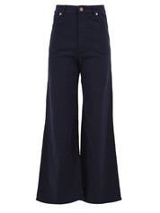 Immagine frontale del pantalone da donna in blu firmato European Culture. Presenta una gamba ampia, passanti per cintura, tasche e chiusura con bottone e zip a scomparsa.
