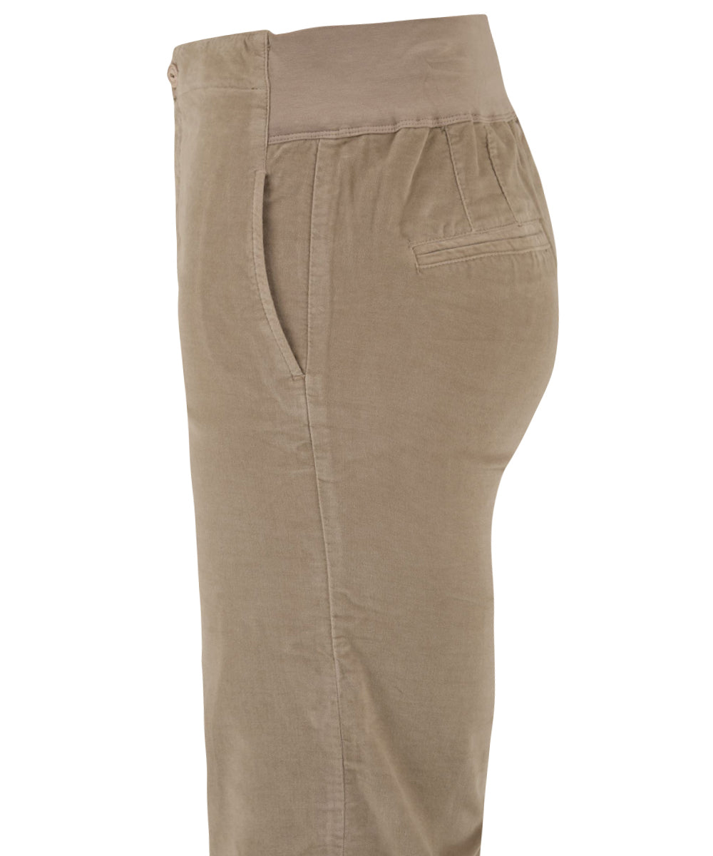 Immagine laterale del pantalone in velluto da donna firmato European Culture con tasche laterali e tasca a filo sul retro.