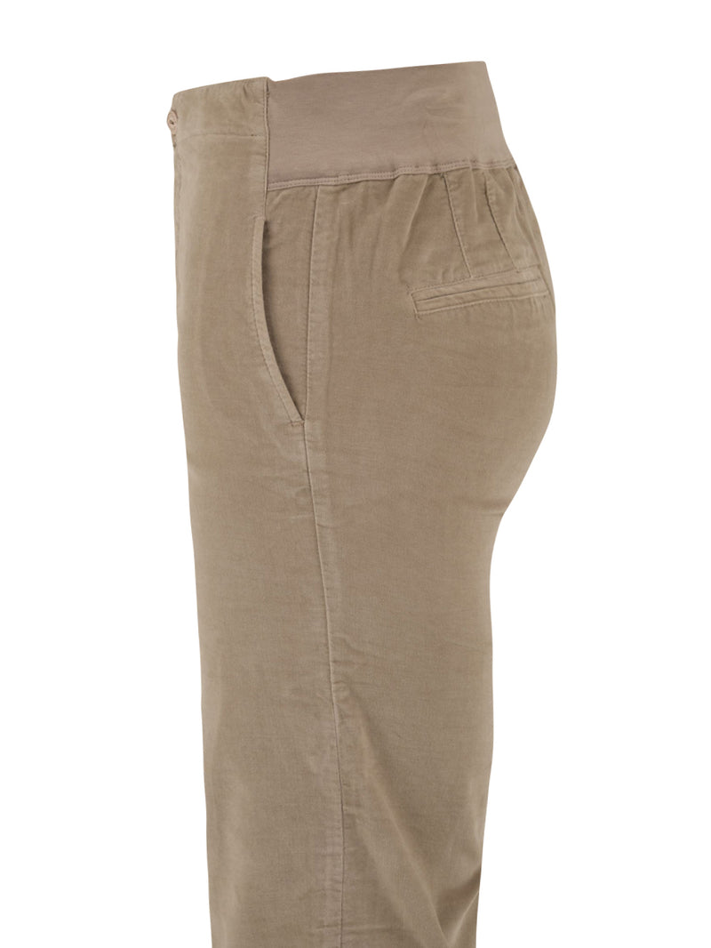 Immagine laterale del pantalone in velluto da donna firmato European Culture con tasche laterali e tasca a filo sul retro.