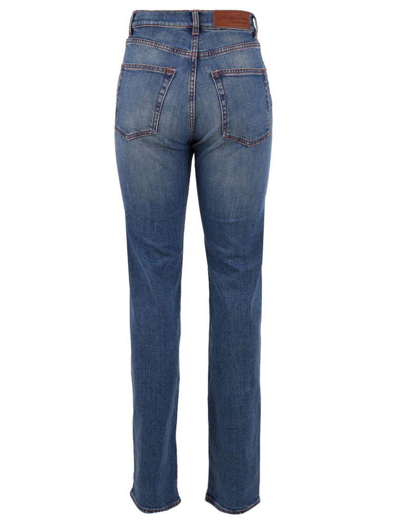 Immagine retro del jeans da donna firmato European Culture con tasche e passanti per cintura.