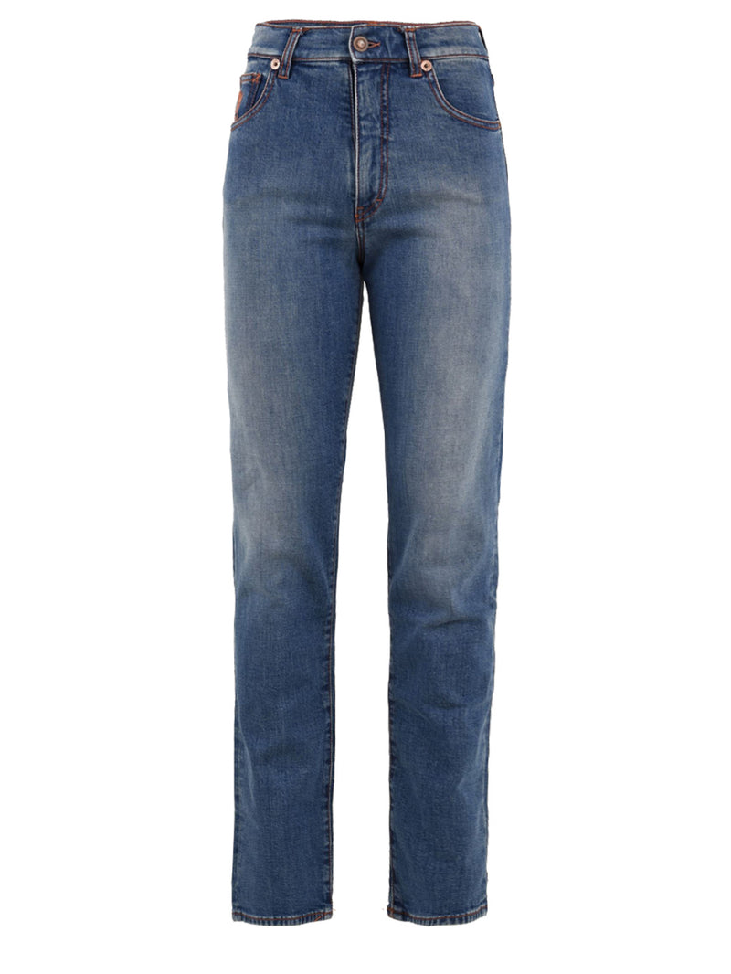 Immagine frontale del jeans da donna European Culture con gamba stretta, tasche e chiusura con bottone e zip.