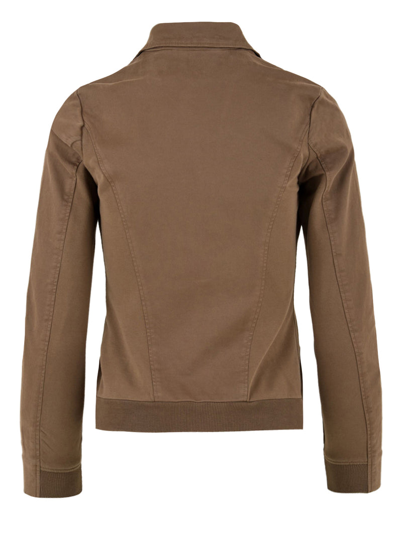 Immagine retro della giacca beige in cotone elasticizzato con dettagli a costine