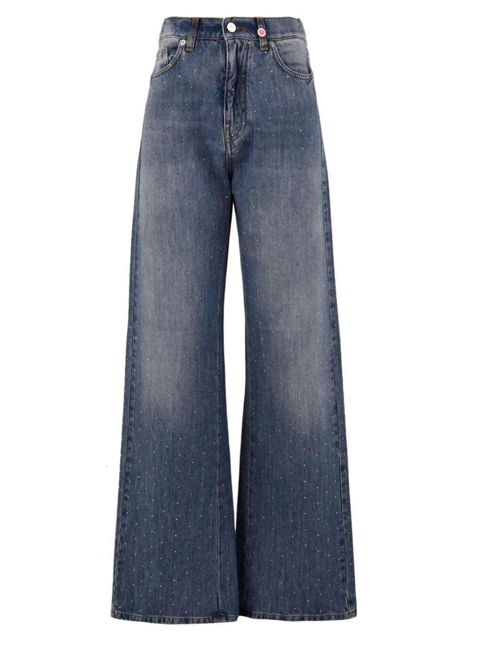 Immagine frontale del jeans  da donna modello Scarlett  Dio firmato I Love My Pants. Ha una gamba ampia e taglio dritto con applicazioni di strass di colore blu scuro ,ha due tasche frontali e chiusura con bottone e zip e in vita ha i passanti per la cintura.