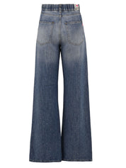 Immagine retro del jeans da donna modello Scarlett Dio firmato I Love My Pants. Ha una gamba ampia e taglio dritto con strass  di colore blu scuro ,ha due tasche sul retro e in vita ha i passanti per la cintura.