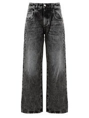 Immagine frontale del jeans da donna in nero firmato Icon Denim Los Angeles,con taglio dritto e gamba ampia,tasche frontali e chiusura con zip e bottone.