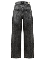 Immagine retro del jeans denim nero da donna firmato Icon Denim Los Angeles con tasche,passanti per cintura,taglio dritto e gamba ampia.