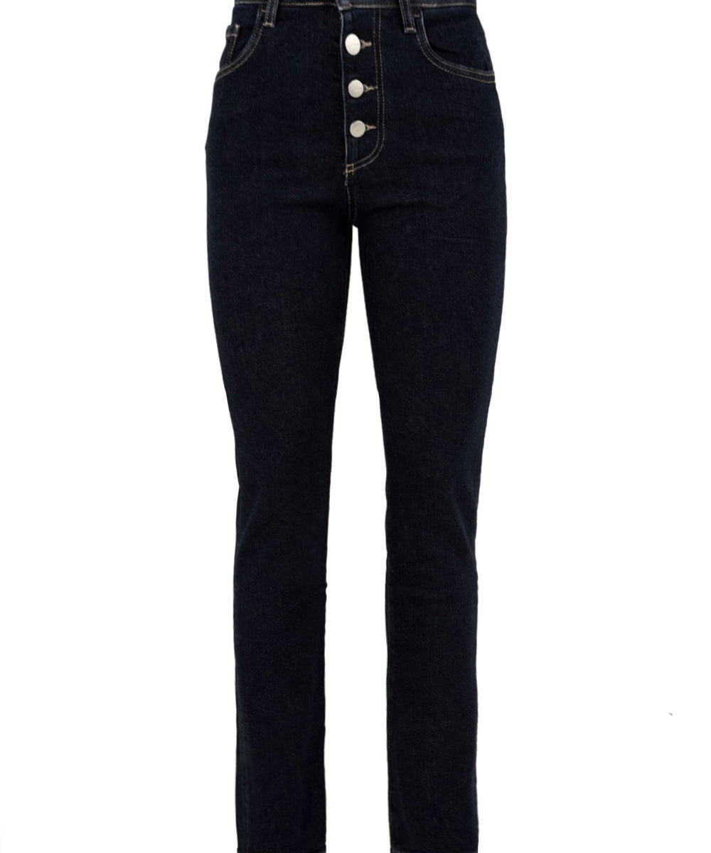 Immagine frontale del jeans blu scuro da donna modello Nana X firmato Icon Denim Los Angeles con chiusura a bottoni,tasche laterali e gamba stretta.