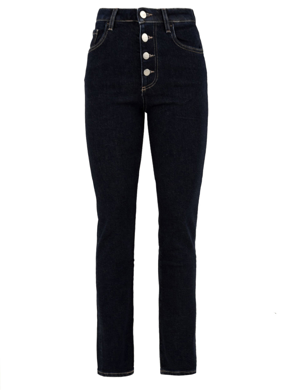 Immagine frontale del jeans blu scuro da donna modello Nana X firmato Icon Denim Los Angeles con chiusura a bottoni,tasche laterali e gamba stretta.