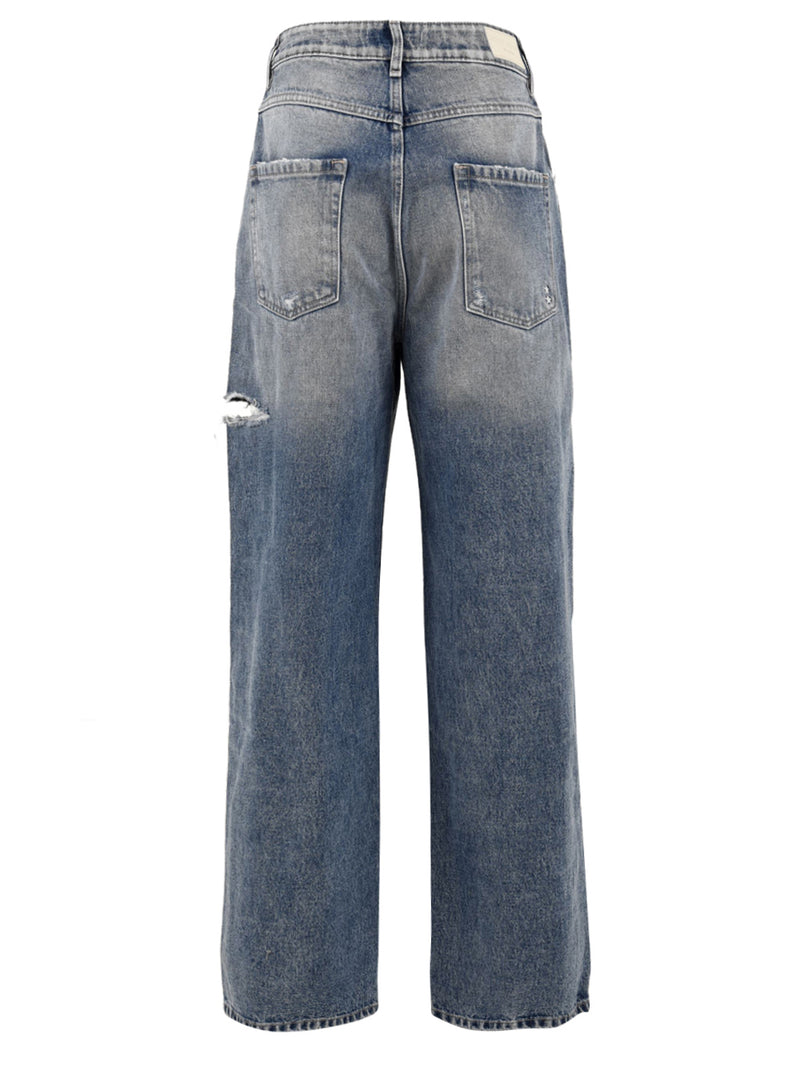 Immagine retro del jeans Poppy Eco da donna firmato Icon Denim Los Angeles, con strappi, gamba dritta e ampia,tasche e passanti per cintura.