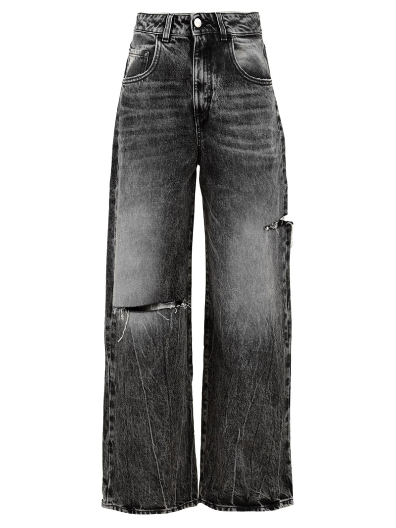 Immagine frontale del jeans nero Poppy da donna firmato Icon Denim Los Angeles, gamba dritta e ampia,chiusura con zip e bottone,passanti in vita , due strappi sulle gambe e tasche frontali.