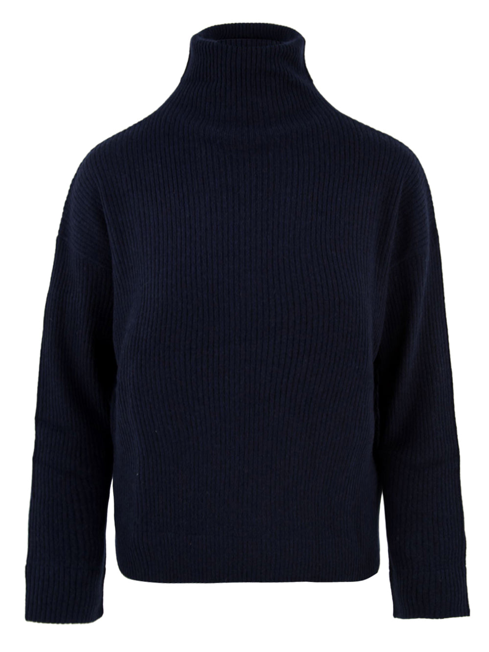 Immagine frontale del maglione Yulia Not Shy in blu,a costine,collo alto e realizzato cashmere