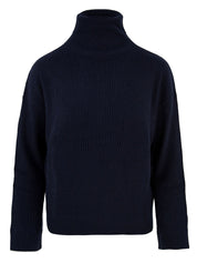Immagine frontale del maglione Yulia Not Shy in blu,a costine,collo alto e realizzato cashmere