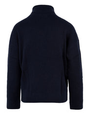 Immagine retro del maglione Yulia Not Shy in blu,a costine,collo alto e realizzato cashmere